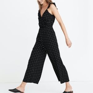 MADEWELL BLACK DOTS SLEEVELESS RUFFLE FRONT WRAP JUMPSUIT
